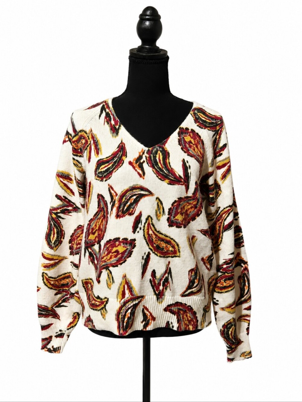 LOFT Multi-Color Paisley Raglan V-Neck Pullover Sweater Sz M